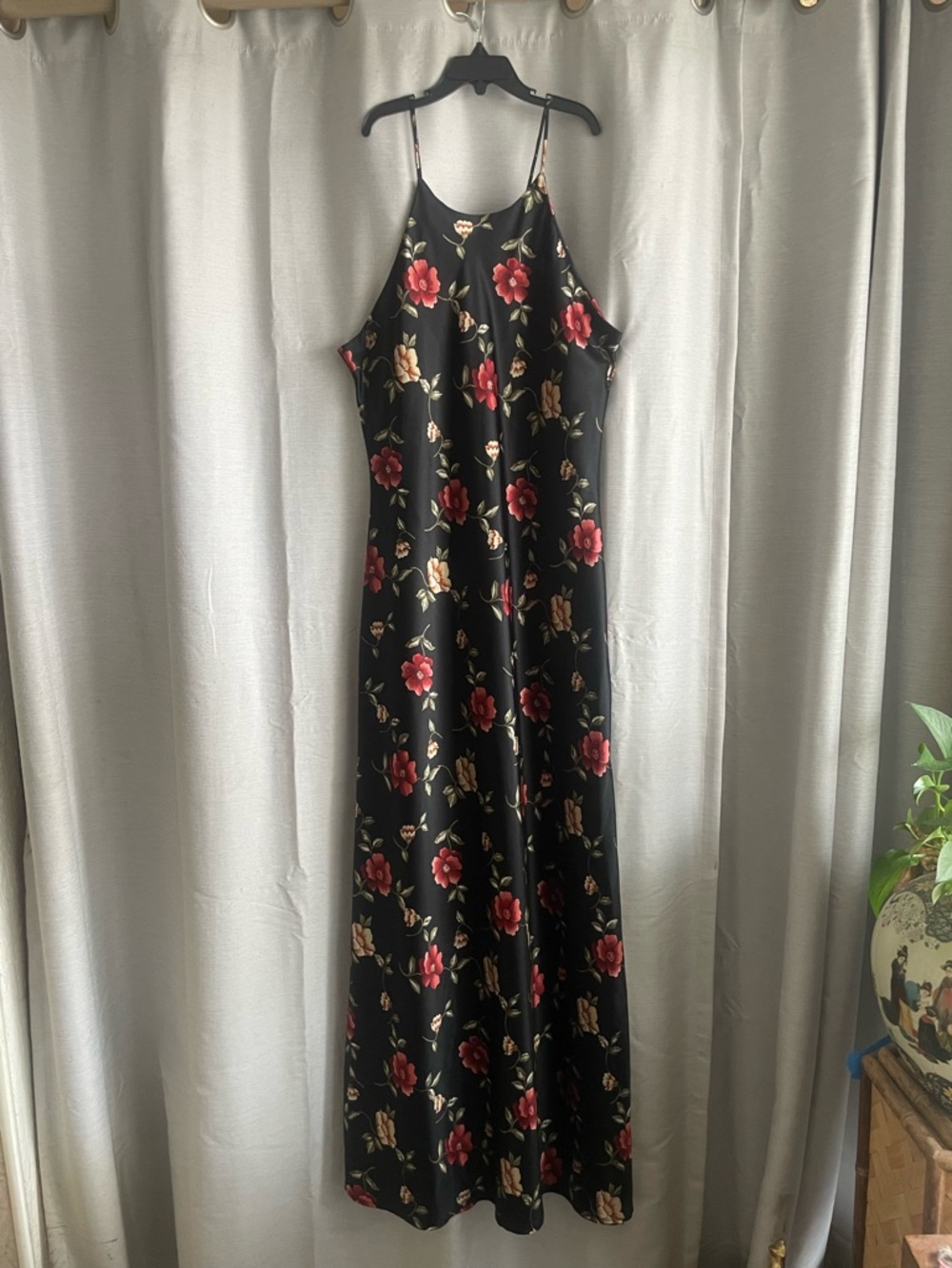 90's Babydoll Black Floral Maxi Dress with Red Rose Print